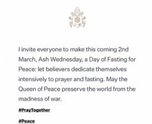 Pope announces Ash Wednesday as day of prayer and fasting for Ukraine Pope announces Ash Wednesday as day of prayer and fasting for Ukraine